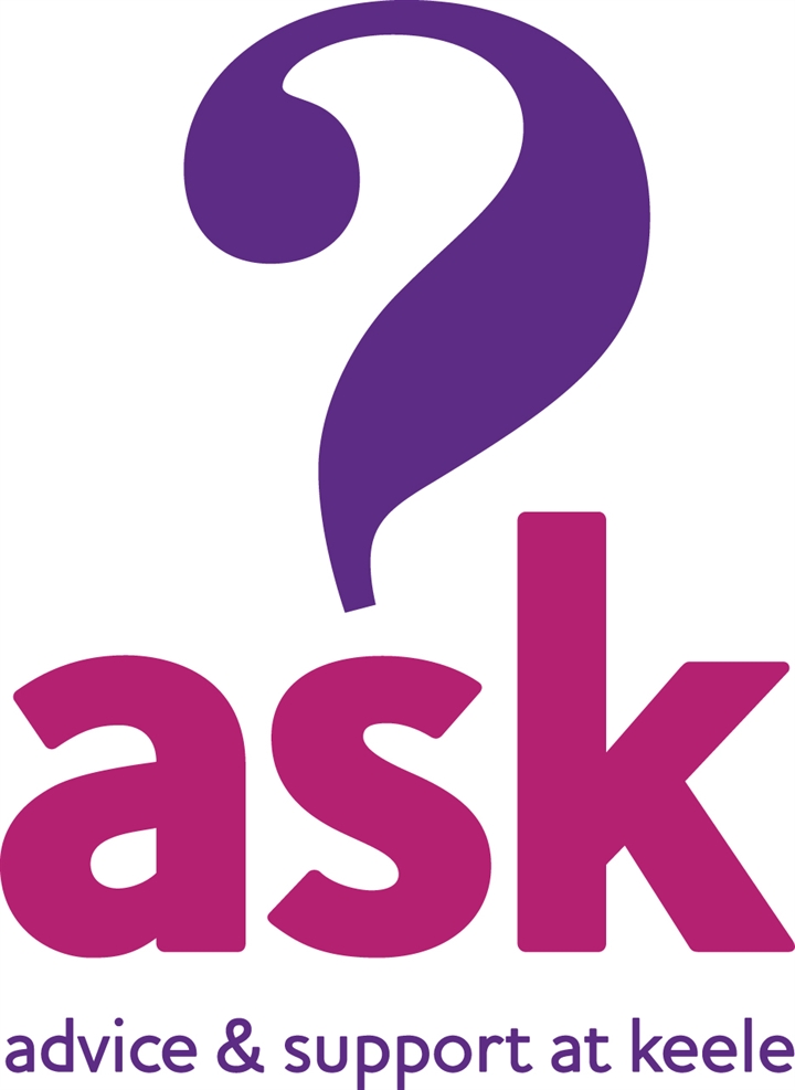 ASK Logo. Plum text; the S is the dot of a purple question mark. Beneath the ASK is text reading Advice & support at Keele