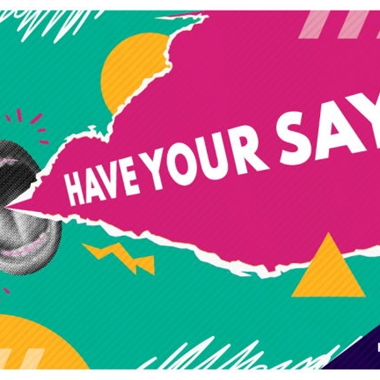 Stylised mouth shouting ‘HAVE YOUR SAY!’ with Keele SU logo on a colorful background.