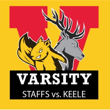 Yellow background with a large red 'V' and two mascots in front—a yellow creature and a grey deer with antlers. Below them, text reads 'Varsity Staffs vs. Keele'.