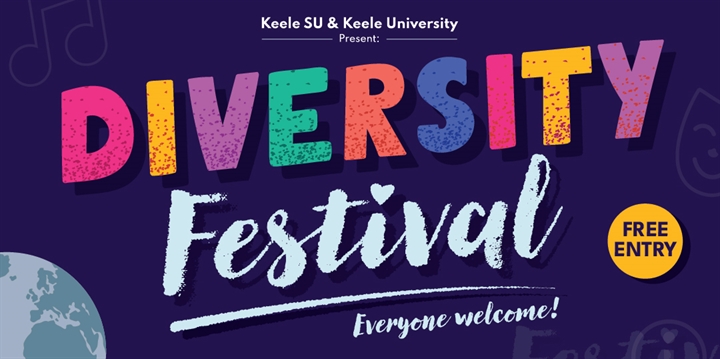 Colorful illustration with the text 'Diversity Festival' in bold letters on a dark purple background, featuring abstract trees, plants, people, and a yellow circle reading 'Free Entry'.