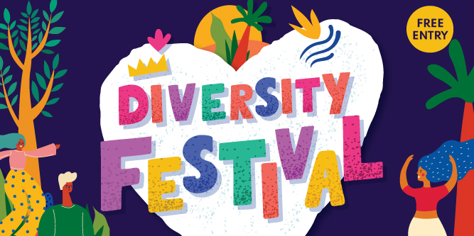 Colorful illustration with the text 'Diversity Festival' in bold letters on a dark purple background, featuring abstract trees, plants, people, and a yellow circle reading 'Free Entry'.