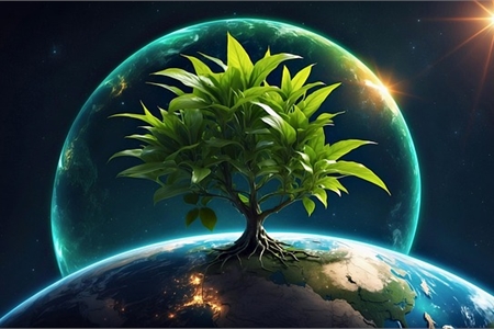 A vibrant green tree growing on top of the Earth, set against a cosmic background with a glowing planet and stars, creating a surreal space-themed scene.