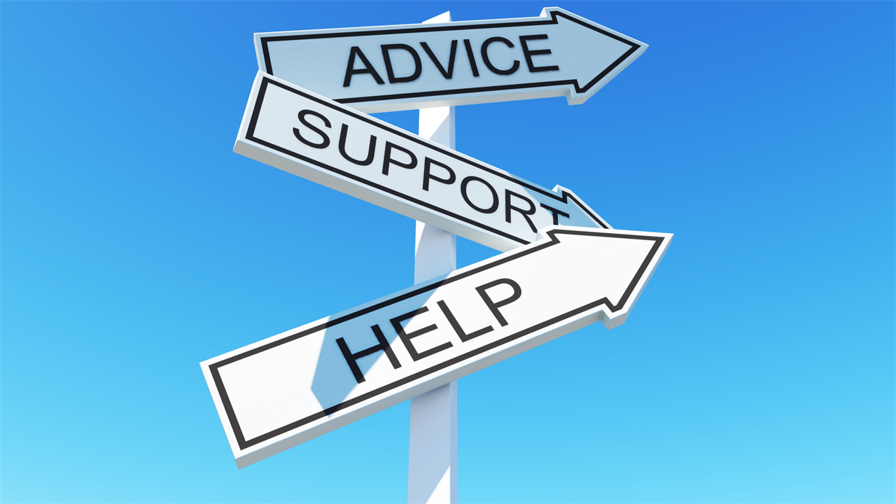Sign pointing towards advice, support and help