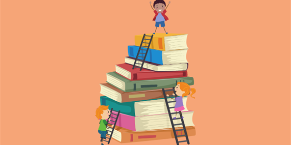 Students climbing up books with ladders