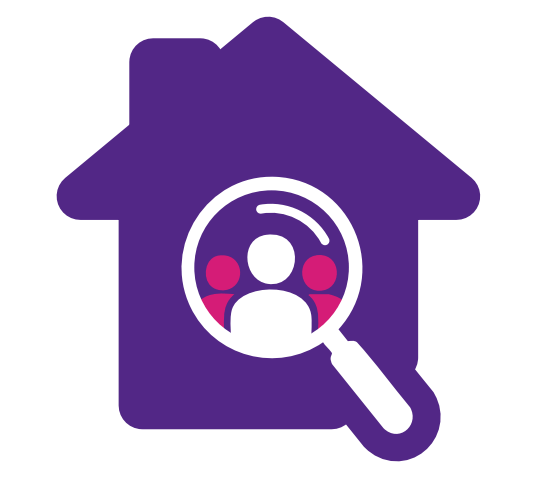 House with magnifying glass showing people