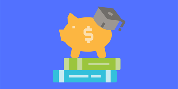 Piggy bank with graduation cap, standing on books