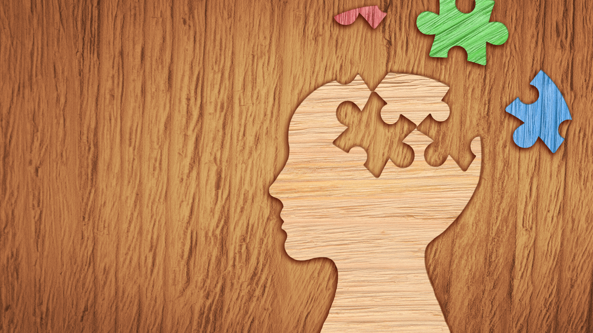 Wooden head with jigsaw pieces