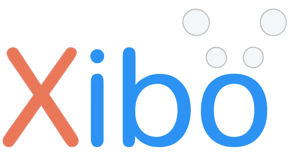 Xibo logo. The X is red, and two sets of two circles extend from the O like antennae.