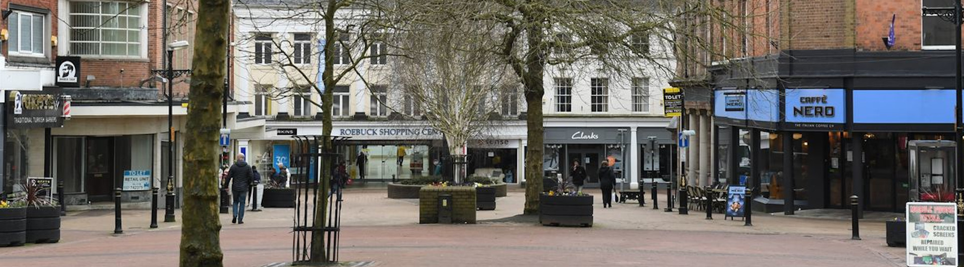 Newcastle Under Lyme Town Center showing Roebuck shopping center and Cafe Nero