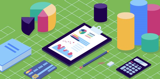 Graphs, charts and a report with a calculator on a desk
