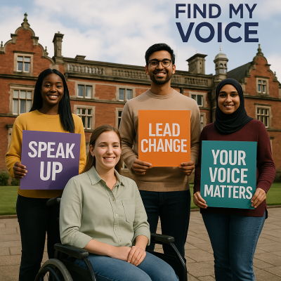 Diverse Keele students stand in front of Keele Hall holding banners that say “Speak Up” and “Your Voice Matters,” including visible disability representation.
