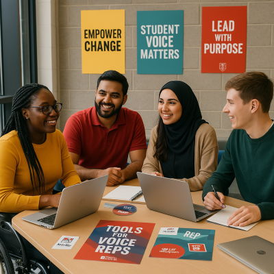 Keele student reps collaborate around a table with laptops and posters that say “Empower Change” and “Student Voice Matters,” including visible disability representation.