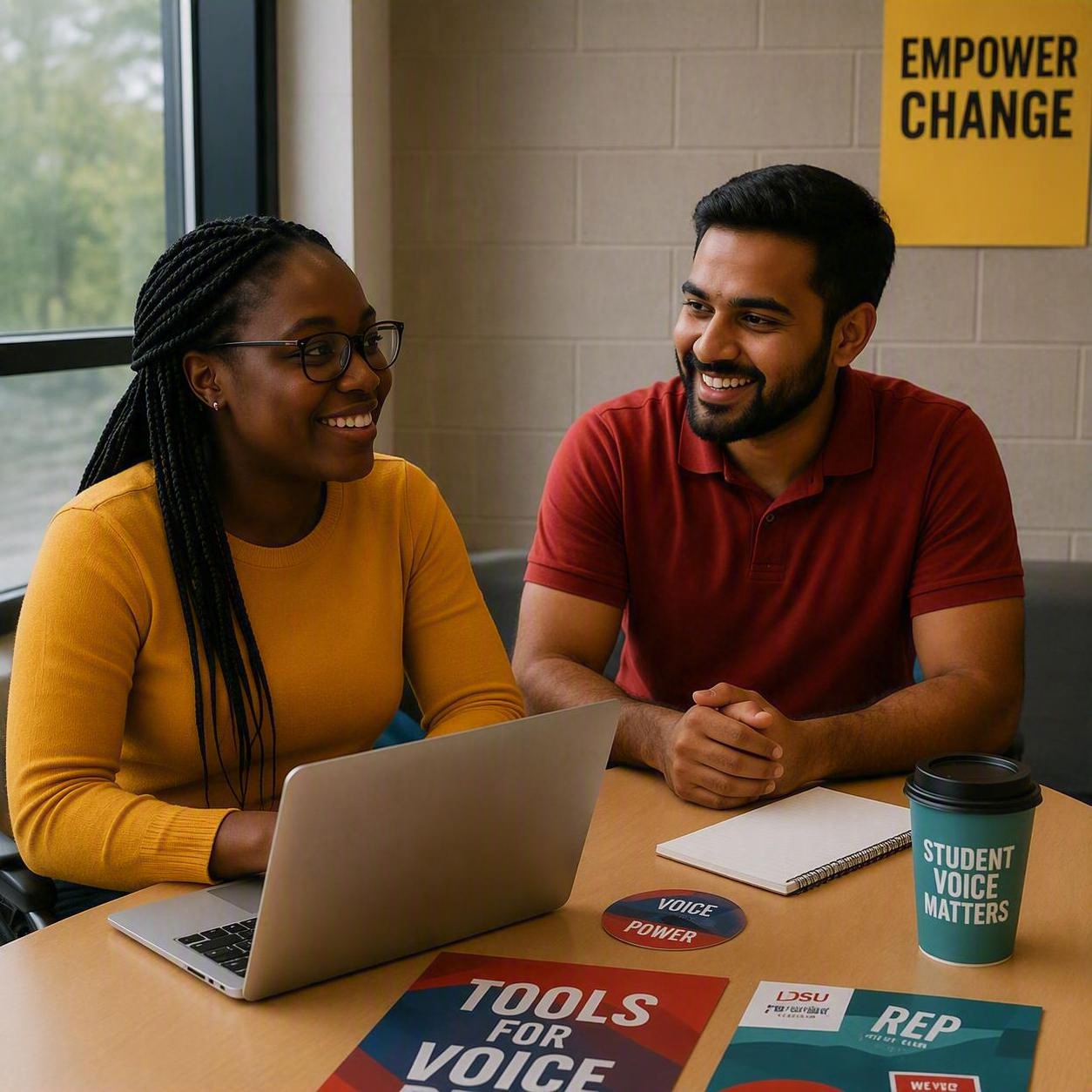 Keele student reps collaborate around a table with laptops and posters that say “Empower Change” and “Student Voice Matters,” including visible disability representation.